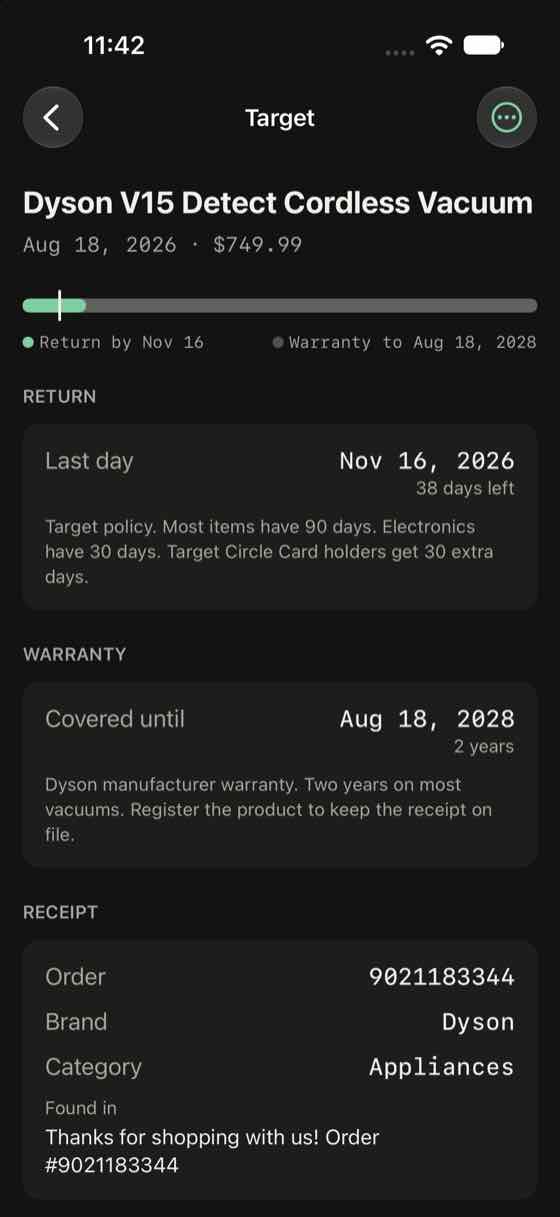 Item screen for a Dyson V15 vacuum from Target showing the last return day, November 16, and a Dyson warranty until August 18, 2028.