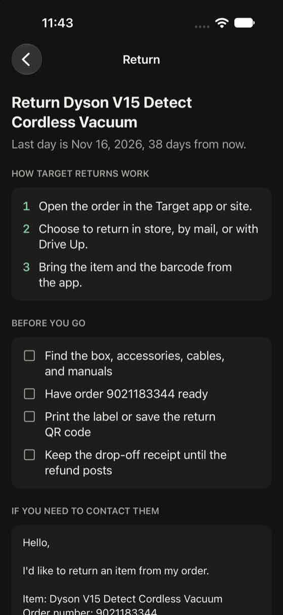 Return screen for Target with three numbered steps and a checklist including having the order number ready.