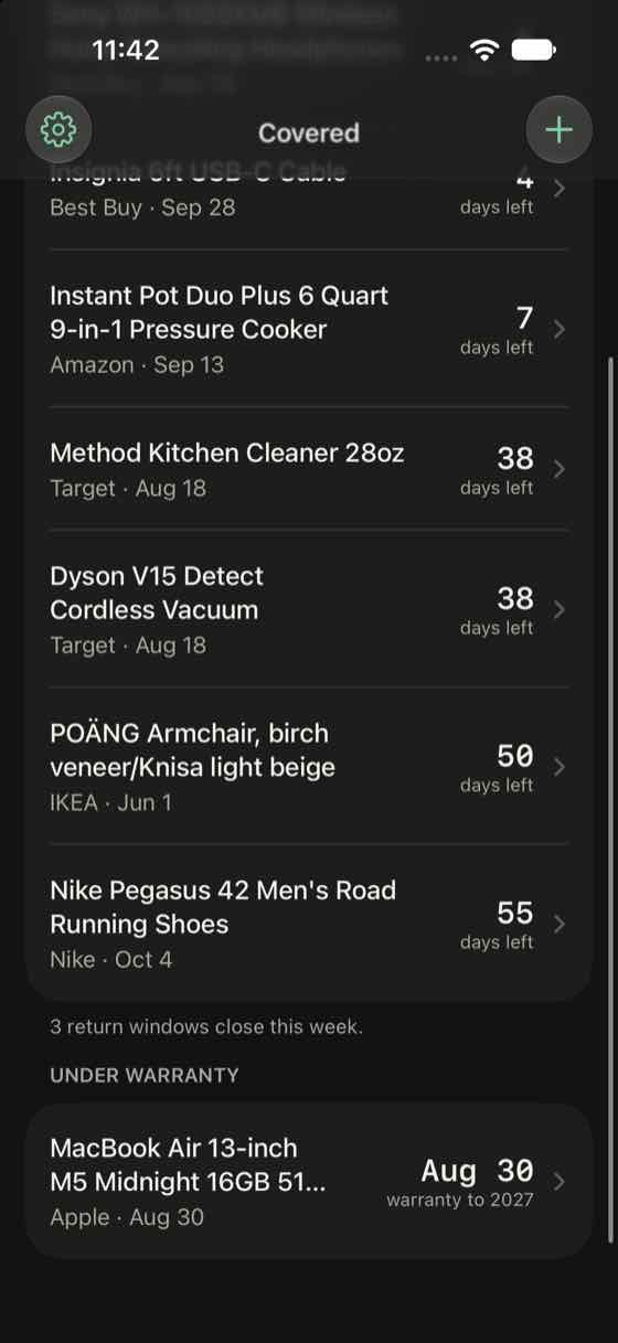 Purchase list showing items that can still be returned, a note that 3 return windows close this week, and a MacBook Air under warranty until August 2027.