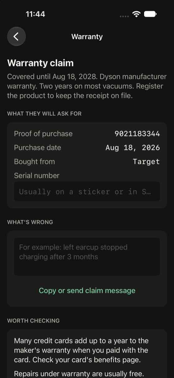 Warranty claim screen showing proof of purchase, purchase date, store, and a field for the serial number.
